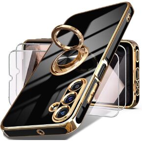Dretal for Samsung Galaxy A15 5G Case, Screen Protector, 360° Rotatable Ring Holder Magnetic Kickstand,Plated Gold Edge Slim Soft TPU Protective Phone Cover for Galaxy A15 5G (Black)