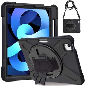 Gerutek for iPad Air 5th（2022）/4th（2020）Generation 2020 10.9 inch Case, Shockproof iPad Pro 11-inch Case 2021/2020/2018, Triple-Layer Heavy Duty Case with Shoulder/Hand Strap, Stand, Pen Holder, Black