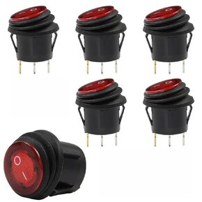 5PCS 12V 20A Waterproof Round Rocker Switch Red LED Light ON Off 2 & 3 Pin Weatherproof Illuminated Toggle Switch Button SPST Car RV Truck Marine Boat Accessories