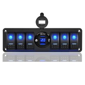 6 Gang Waterproof Rocker Switch Panel with PD Type C and QC 3.0 USB Charger, Voltmeter, for Cars,Trucks,Boats,and RVs (12V-24V)