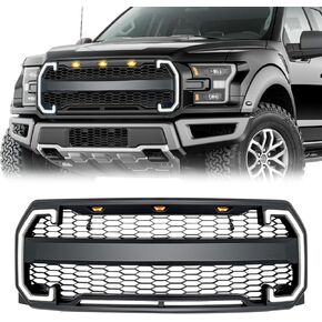 شواية المصد الأمامي على طراز رابتور متوافقة مع 2015 2016 2017 F150 W/DRL وأضواء إشارة الانعطاف باللون الأسود غير اللامع