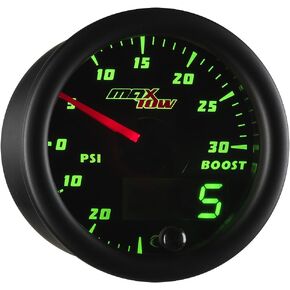 Double Vision 30 PSI Turbo Boost/Vacuum Gauge Kit - Includes Electronic Pressure Sensor - Black Gauge Face - Green LED Dial - Analog & Digital Readouts - for Gas Trucks - 2-1/16" 52mm