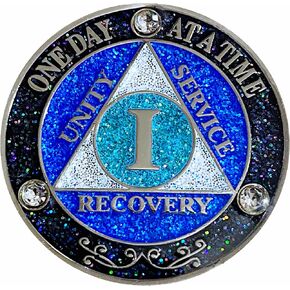 (Years 1-50) AA 32 Year Crystals & Glitter Medallion, Silver Color Plated, Black Rainbow, Blue Glitter and Three Clear Crystals, Epoxy Covered (AA 32 Year Crystals & Glitter Medallion)