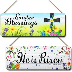 He Is Risen Sign 2 Pieces Easter Hanging Door Decorations Wood Easter Door Hanger Easter Religious Sign Easter Blessings Wood Hanging Plaque for Wall Wreaths Spring Home Front Door Wall Decor