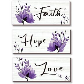 3 PCS Purple Wall Decor Purple Flower Inspirational Bathroom Decor with Hope Love Faith Positive Word Wooden Farmhouse Wall Art For Home Bedrooms Living Rooms Office Kitchen(Purple 10x4)