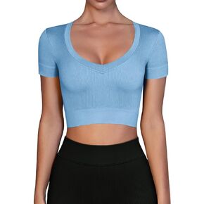 ZJCT Womens Crop Tops Deep V Neck Summer Workout Tops Seamless Ribbed Slim Fit Trendy Short Sleeve T Shirts Crop Tops