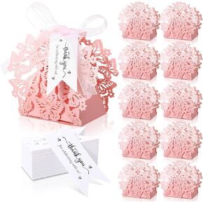 100 Pcs Baby Shower Butterfly Favor Box Laser Cut Butterfly Wedding Candy Boxes with 100 Thank You Card Pink Candy Boxes with Ribbon for Guests Wedding Bridal Shower Anniversary Birthday Party