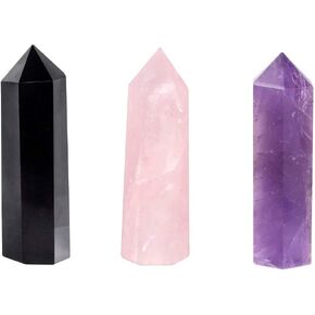 Rockcloud Pack of 3 Healing Crystal Wands Point 6 Faceted Prism Bar Reiki Chakra Stones for Meditation Therapy Decor 2 inches, Black Obsidian + Rose Quartz + Amethyst