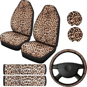 7 Pieces Leopard Print Car Accessories Set, 2 Pieces Car Front Seat Covers, Leopard Steering Wheel Cover, 2 Pieces Leopard Car Cup Holders and 2 Pieces Car Shoulder Pads for Most Cars in Saudi Arabia