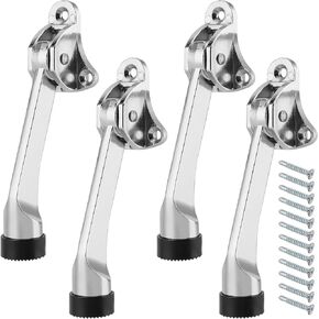 4-Piece Heavy Duty Kickdown Door Stopper, Metal Door Stopper Hinge with Rubber Tip, Silver