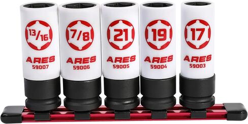 ARES 59000-5-Piece 1/2-Inch Drive Non-Marring Impact Lug Nut Socket Set - Protective Sleeves and Inserts Prevent Damage to Wheels and Lugs - Storage Rail Included in Saudi Arabia