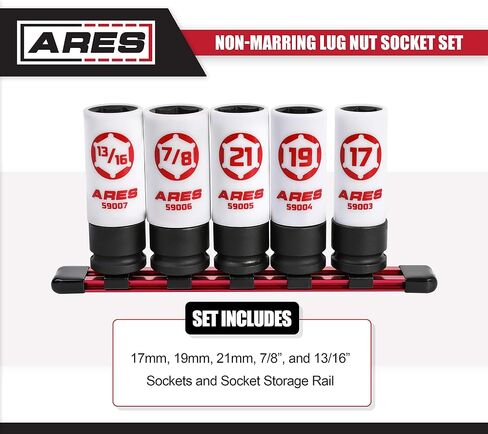 ARES 59000-5-Piece 1/2-Inch Drive Non-Marring Impact Lug Nut Socket Set - Protective Sleeves and Inserts Prevent Damage to Wheels and Lugs - Storage Rail Included in Saudi Arabia