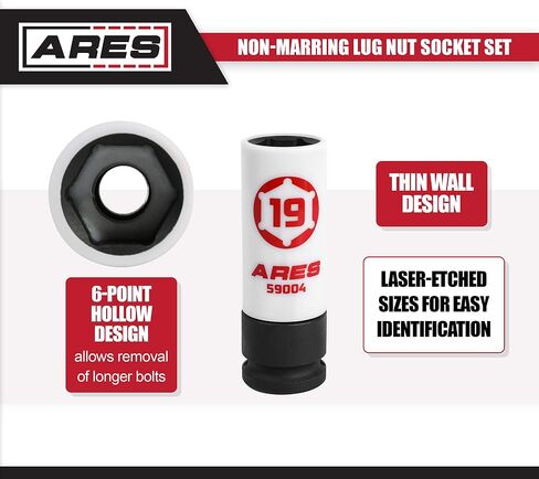 ARES 59000-5-Piece 1/2-Inch Drive Non-Marring Impact Lug Nut Socket Set - Protective Sleeves and Inserts Prevent Damage to Wheels and Lugs - Storage Rail Included in Saudi Arabia