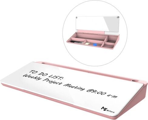 Small Glass Desk Whiteboard with Mirror,Mifuro Dry Erase White Board with Storage Unit, Computer Keyboard Stand, Desktop Organizers for Office, Home and School Accessories Supplies (Pink) in Saudi Arabia