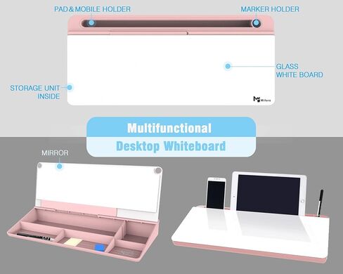 Small Glass Desk Whiteboard with Mirror,Mifuro Dry Erase White Board with Storage Unit, Computer Keyboard Stand, Desktop Organizers for Office, Home and School Accessories Supplies (Pink) in Saudi Arabia