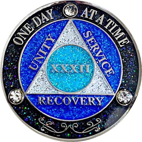 (Years 1-50) AA 32 Year Crystals & Glitter Medallion, Silver Color Plated, Black Rainbow, Blue Glitter and Three Clear Crystals, Epoxy Covered (AA 32 Year Crystals & Glitter Medallion) in Saudi Arabia