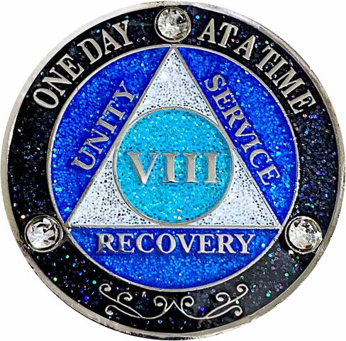 (Years 1-50) AA 32 Year Crystals & Glitter Medallion, Silver Color Plated, Black Rainbow, Blue Glitter and Three Clear Crystals, Epoxy Covered (AA 32 Year Crystals & Glitter Medallion) in Saudi Arabia