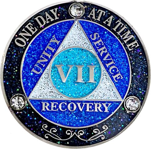 (Years 1-50) AA 32 Year Crystals & Glitter Medallion, Silver Color Plated, Black Rainbow, Blue Glitter and Three Clear Crystals, Epoxy Covered (AA 32 Year Crystals & Glitter Medallion) in Saudi Arabia