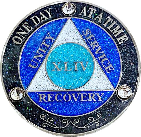 (Years 1-50) AA 32 Year Crystals & Glitter Medallion, Silver Color Plated, Black Rainbow, Blue Glitter and Three Clear Crystals, Epoxy Covered (AA 32 Year Crystals & Glitter Medallion) in Saudi Arabia