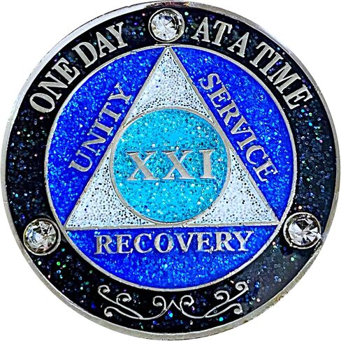 (Years 1-50) AA 32 Year Crystals & Glitter Medallion, Silver Color Plated, Black Rainbow, Blue Glitter and Three Clear Crystals, Epoxy Covered (AA 32 Year Crystals & Glitter Medallion) in Saudi Arabia