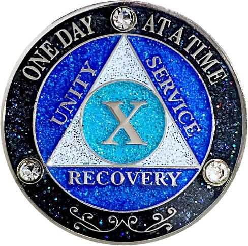 (Years 1-50) AA 32 Year Crystals & Glitter Medallion, Silver Color Plated, Black Rainbow, Blue Glitter and Three Clear Crystals, Epoxy Covered (AA 32 Year Crystals & Glitter Medallion) in Saudi Arabia