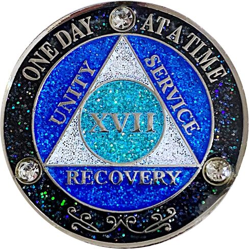 (Years 1-50) AA 32 Year Crystals & Glitter Medallion, Silver Color Plated, Black Rainbow, Blue Glitter and Three Clear Crystals, Epoxy Covered (AA 32 Year Crystals & Glitter Medallion) in Saudi Arabia