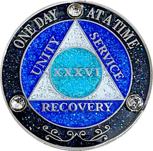 (Years 1-50) AA 32 Year Crystals & Glitter Medallion, Silver Color Plated, Black Rainbow, Blue Glitter and Three Clear Crystals, Epoxy Covered (AA 32 Year Crystals & Glitter Medallion) in Saudi Arabia