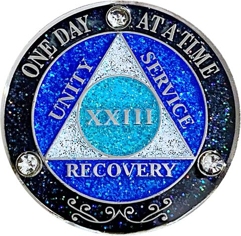 (Years 1-50) AA 32 Year Crystals & Glitter Medallion, Silver Color Plated, Black Rainbow, Blue Glitter and Three Clear Crystals, Epoxy Covered (AA 32 Year Crystals & Glitter Medallion) in Saudi Arabia