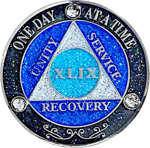 (Years 1-50) AA 32 Year Crystals & Glitter Medallion, Silver Color Plated, Black Rainbow, Blue Glitter and Three Clear Crystals, Epoxy Covered (AA 32 Year Crystals & Glitter Medallion) in Saudi Arabia