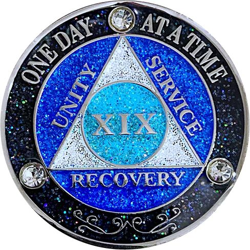 (Years 1-50) AA 32 Year Crystals & Glitter Medallion, Silver Color Plated, Black Rainbow, Blue Glitter and Three Clear Crystals, Epoxy Covered (AA 32 Year Crystals & Glitter Medallion) in Saudi Arabia
