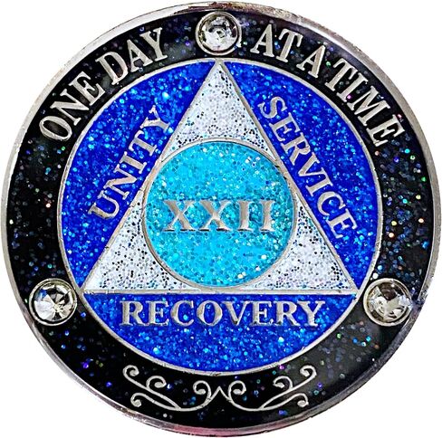 (Years 1-50) AA 32 Year Crystals & Glitter Medallion, Silver Color Plated, Black Rainbow, Blue Glitter and Three Clear Crystals, Epoxy Covered (AA 32 Year Crystals & Glitter Medallion) in Saudi Arabia