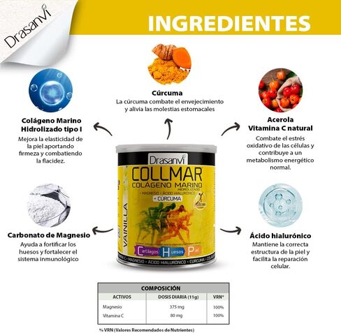 Drasanvi COLLMAR Hydrolyzed Collagen with Magnesium and Turmeric 300g Powder Vanilla Flavor - for Muscle Growth anda Gluten Free in Saudi Arabia
