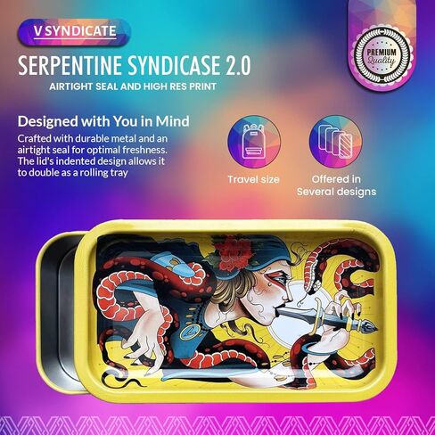 صندوق تخزين معدني صغير مقاس 5 بوصة × 2.8 بوصة × 1.5 بوصة مع غطاء - غطاء محكم لتجنب الرطوبة - مرن أسلوبك مع طباعة 360 من الأعمال الفنية التفاعلية الأصلية على جميع الجوانب (Syndicase 2.0، Dank Diva) in Kuwait
