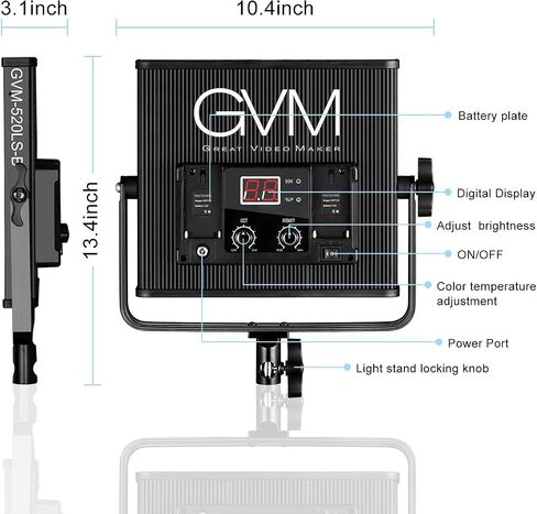 GVM 520LS LED Video Light with Tripod, 3200K-5600K Bi Color Photography Lighting Kit, Digital Display Brightness 10~100% Led Light Panel for YouTube, Studio in Saudi Arabia