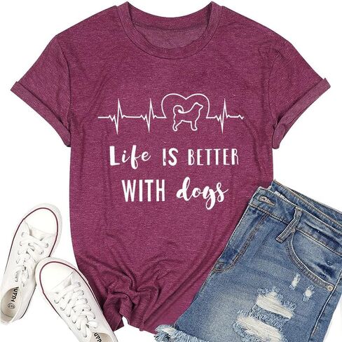 Womens Heartbeat Graphic Tees Dog Lover T Shirt Life is Better with Dogs Funny Letter Print Short Sleeve Top Blouse in Saudi Arabia