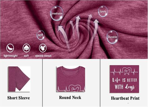 Womens Heartbeat Graphic Tees Dog Lover T Shirt Life is Better with Dogs Funny Letter Print Short Sleeve Top Blouse in Saudi Arabia