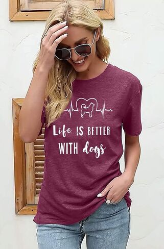 Womens Heartbeat Graphic Tees Dog Lover T Shirt Life is Better with Dogs Funny Letter Print Short Sleeve Top Blouse in Saudi Arabia