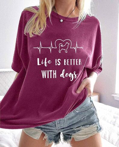 Womens Heartbeat Graphic Tees Dog Lover T Shirt Life is Better with Dogs Funny Letter Print Short Sleeve Top Blouse in Saudi Arabia