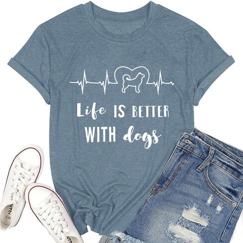 Womens Heartbeat Graphic Tees Dog Lover T Shirt Life is Better with Dogs Funny Letter Print Short Sleeve Top Blouse in Saudi Arabia