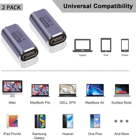 2 حزمة USB C مقرنة، USB C أنثى إلى أنثى محول يدعم ما يصل إلى 40 جيجابايت في الثانية نقل البيانات، توصيل الطاقة 100 واط وشاشة فيديو 8K @ 60 هرتز لـ Thunderbolt 4/3، MacBook Pro/Air، USB-C HUB، الكمبيوتر المحمول، الكمبيوتر اللوحي in Kuwait