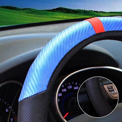 غطاء عجلة قيادة السيارة من الجلد بنمط ألياف الكربون، واقي عجلة قيادة قابل للتمدد عالمي للنساء والرجال، غطاء عجلة قيادة مضاد للانزلاق لمعظم المركبات in Kuwait