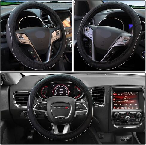 Leather Car Steering Wheel Cover with Carbon Fiber Pattern, Breathable Universal Stretchy Steering Wheel Protector for Women and Men, Anti-Slip Steering Wheel Cover for Most Vehicles in Saudi Arabia