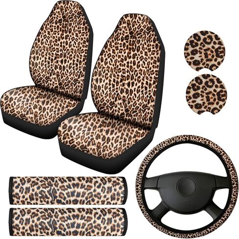 7 Pieces Leopard Print Car Accessories Set, 2 Pieces Car Front Seat Covers, Leopard Steering Wheel Cover, 2 Pieces Leopard Car Cup Holders and 2 Pieces Car Shoulder Pads for Most Cars in Saudi Arabia