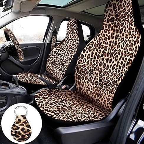 7 Pieces Leopard Print Car Accessories Set, 2 Pieces Car Front Seat Covers, Leopard Steering Wheel Cover, 2 Pieces Leopard Car Cup Holders and 2 Pieces Car Shoulder Pads for Most Cars in Saudi Arabia