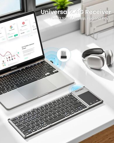 لوحة مفاتيح بلوتوث قابلة للطي، لوحة مفاتيح لاسلكية محمولة قابلة للطي مع لوحة لمس كبيرة، لوحة مفاتيح جيب للسفر لأجهزة iOS وAndroid وWindows Mac OS والكمبيوتر المحمول والكمبيوتر اللوحي الذكي (BT5.1 X 3 + 2.4G) in Saudi Arabia