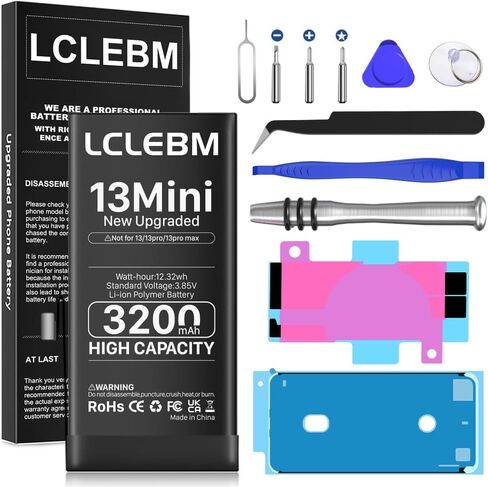 بطارية LCLEBM [3200 مللي أمبير] لهاتف iPhone 13 Mini، 2024 جديدة 0 دورة استبدال بطارية ذات سعة أعلى لهاتف iPhone 13 Mini Model A2481، A2626، A2628، A2629، A2630 مع مجموعات أدوات إصلاح كاملة in Kuwait