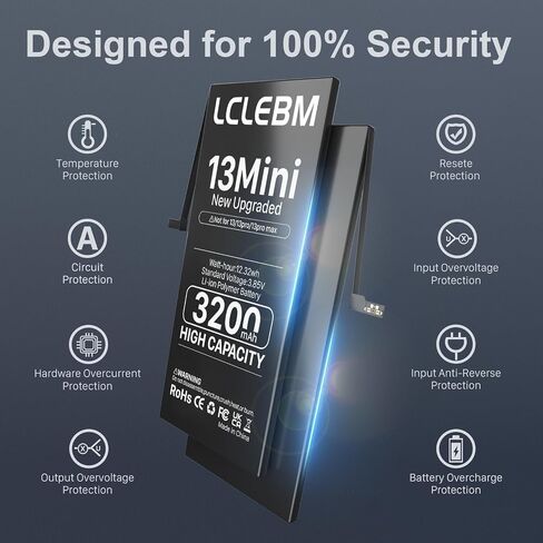 بطارية LCLEBM [3200 مللي أمبير] لهاتف iPhone 13 Mini، 2024 جديدة 0 دورة استبدال بطارية ذات سعة أعلى لهاتف iPhone 13 Mini Model A2481، A2626، A2628، A2629، A2630 مع مجموعات أدوات إصلاح كاملة in Kuwait