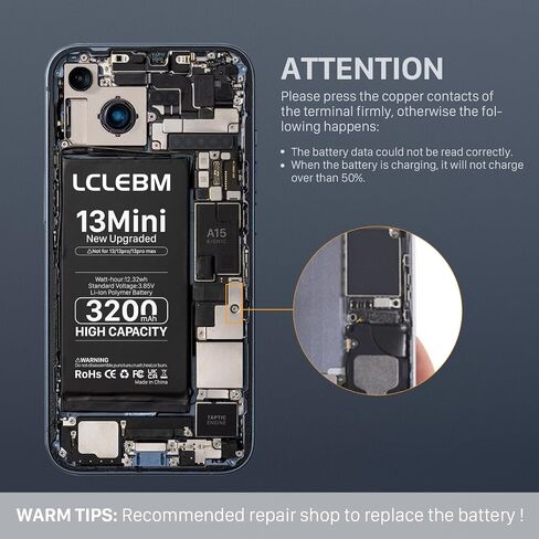 بطارية LCLEBM [3200 مللي أمبير] لهاتف iPhone 13 Mini، 2024 جديدة 0 دورة استبدال بطارية ذات سعة أعلى لهاتف iPhone 13 Mini Model A2481، A2626، A2628، A2629، A2630 مع مجموعات أدوات إصلاح كاملة in Kuwait