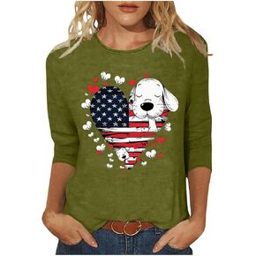 Patriotic Shirts for Women 3/4 Sleeves Patriotic American Flag PrideRed White Blue Stars Stripes 4th of July Tshirt