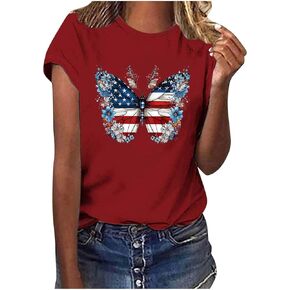 Fourth of July Womens USA Flag Heart Tops American Memorial Tshirt Short Sleeve Shirts Red White Blue Star Stripes T